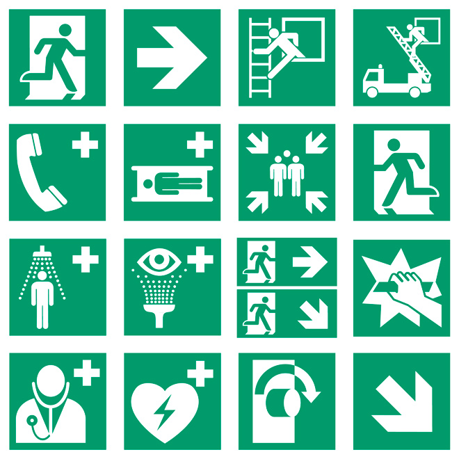 plansje som viser standard skilt for rømningsveier, nødutganger og utstyr for førstehjelp