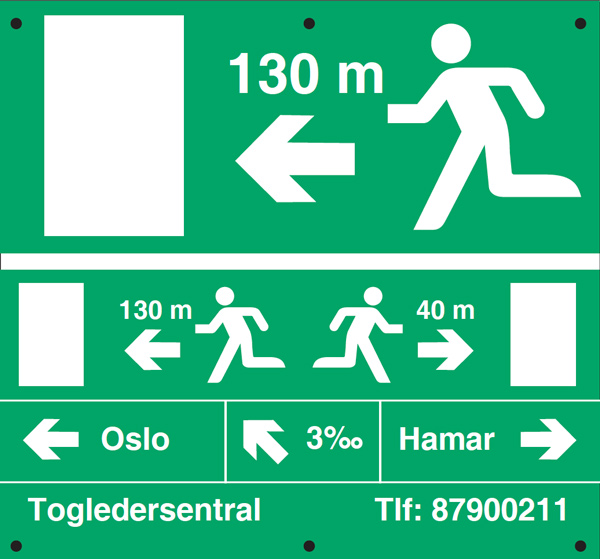 Nødutgangskilt for rømningsveier i tunneller