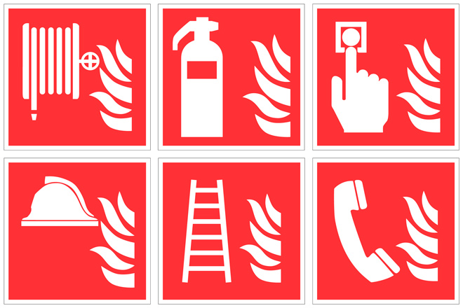 Standard etterlysende brannskilt med symboler etter ISO 7010 standarden