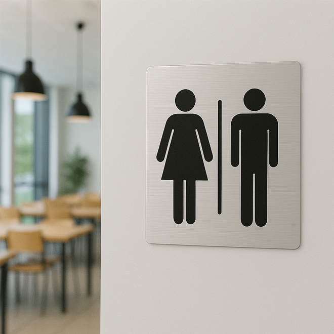 Toalettskilt i børstet aluminium for dame og herretoalett