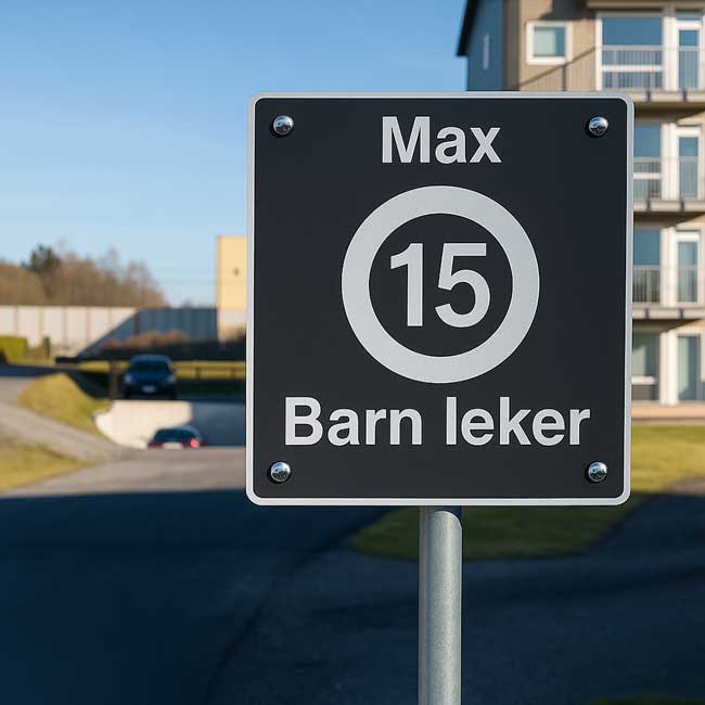 Trafikkskilt med teksten "Max 15 Barn leker" montert på stolpe i boligområde
