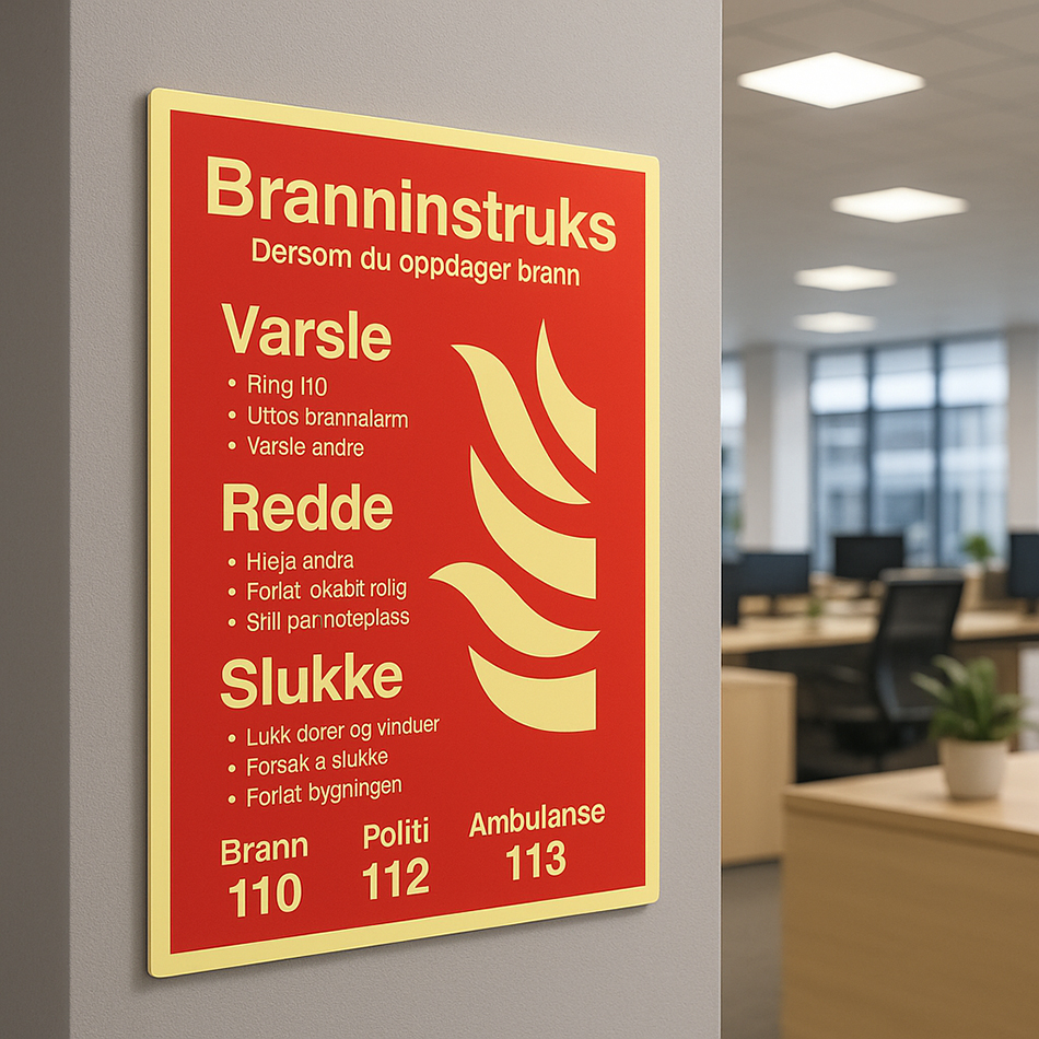 Branninstruks ved brann – etterlysende A4-skilt med tydelige instrukser for varsling, evakuering og slokking ved brann.