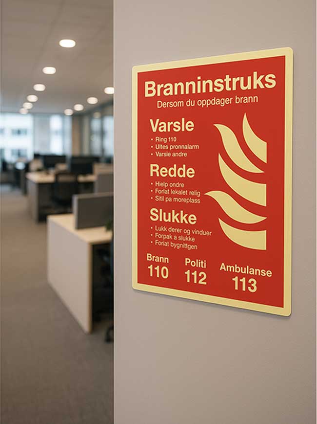 Branninstruks skilt A4 montert på vegg i kontorlandskap med dobbelsidig tape.