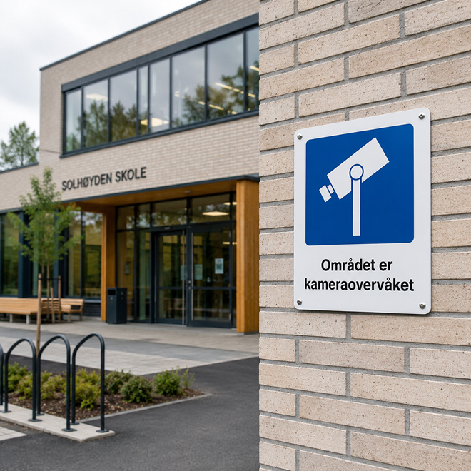 Skilt med symbol og tekst som viser at området er kameraovervåket. Skiltet er laget i aluminium montert på murvegg med skruer