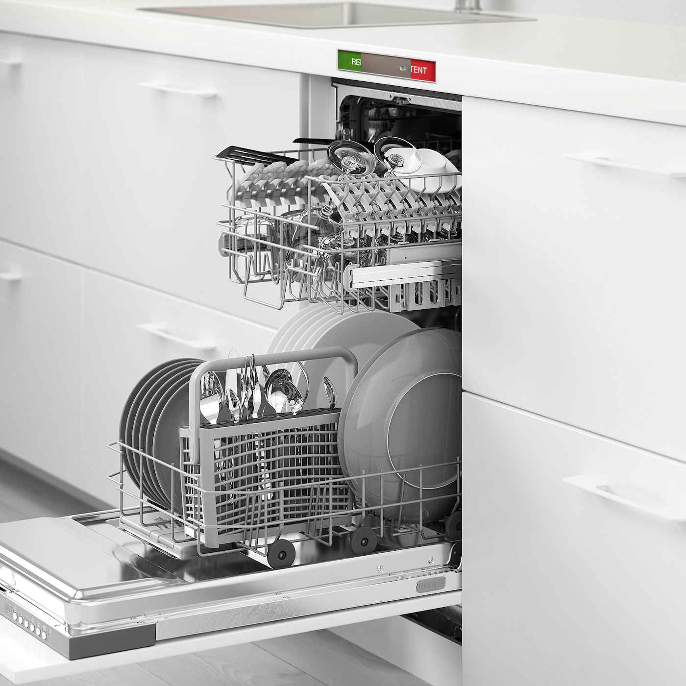 Rent Urent skilt montert over oppvaskmaskin som viser om innholdet i maskinen er vasket eller ikke.