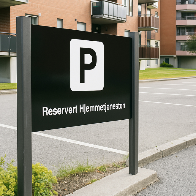 Privatrettslig skilt med teksten «Reservert Hjemmetjenesten» montert på parkeringsplass i borettslag