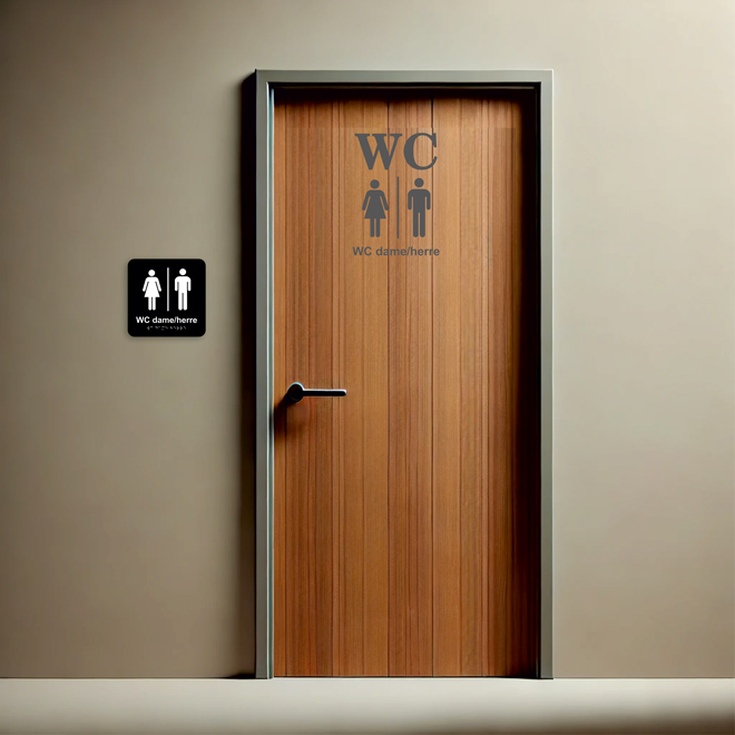 Taktilt skilt med braille og symbol for unisex toalett