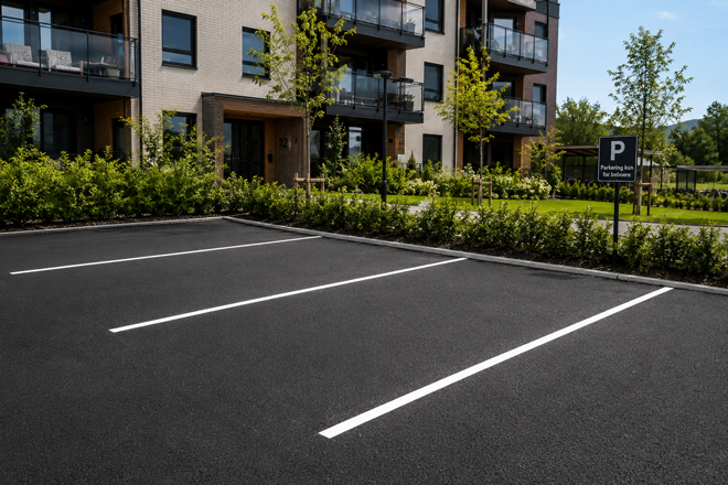 Nymerket parkeringsplass med hvite oppmerkingslinjer laget ved bruk av sjablong for parkeringsoppmerking